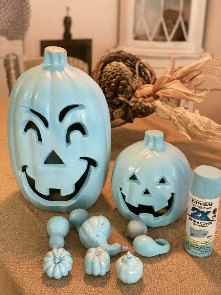 create with cynthia, cynthia nessel, rustoleum, rust-oleum, diy home decor, fall decor ideas, fall decor, pumpkins, diy paint, clay paint, iron orchid designs, blue pumpkins, painted pumpkins