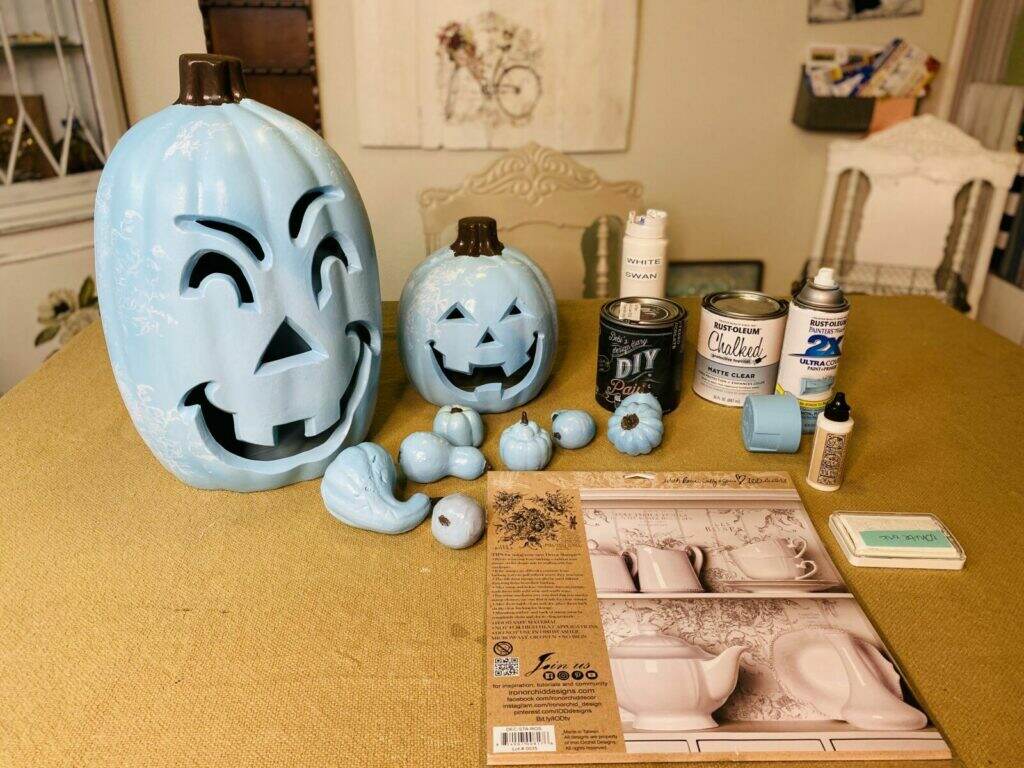 create with cynthia, cynthia nessel, rustoleum, rust-oleum, diy home decor, fall decor ideas, fall decor, pumpkins, diy paint, clay paint, iron orchid designs, blue pumpkins, painted pumpkins