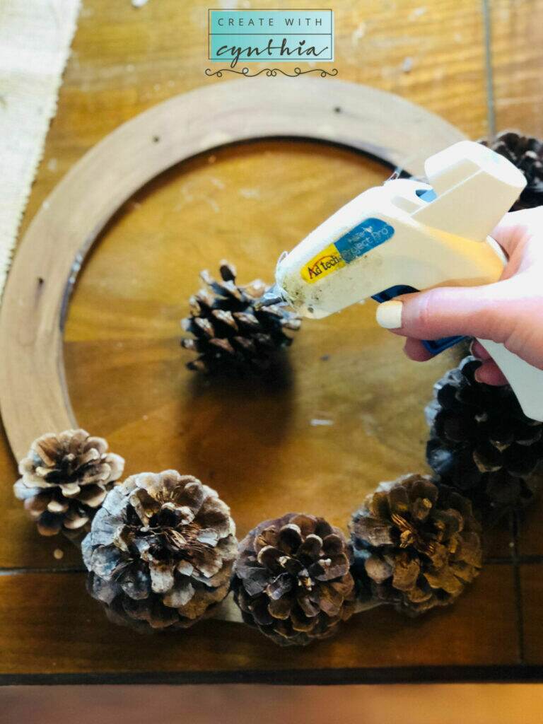 pinecone decor, pinecone wreath, diy pinecone wreath, create with cynthia, cynthia nessel, vintage decor, a maker's studio, re-new-al candles, thanksgiving, pinecones, veteran's day, gratefulness, thankful