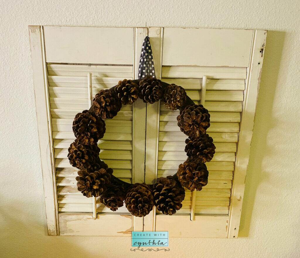 pinecone decor, pinecone wreath, diy pinecone wreath, create with cynthia, cynthia nessel, vintage decor, a maker's studio, re-new-al candles, thanksgiving, pinecones, veteran's day, gratefulness, thankful