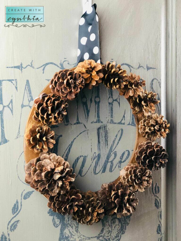 pinecone decor, pinecone wreath, diy pinecone wreath, create with cynthia, cynthia nessel, vintage decor, a maker's studio, re-new-al candles, thanksgiving, pinecones, veteran's day, gratefulness, thankful