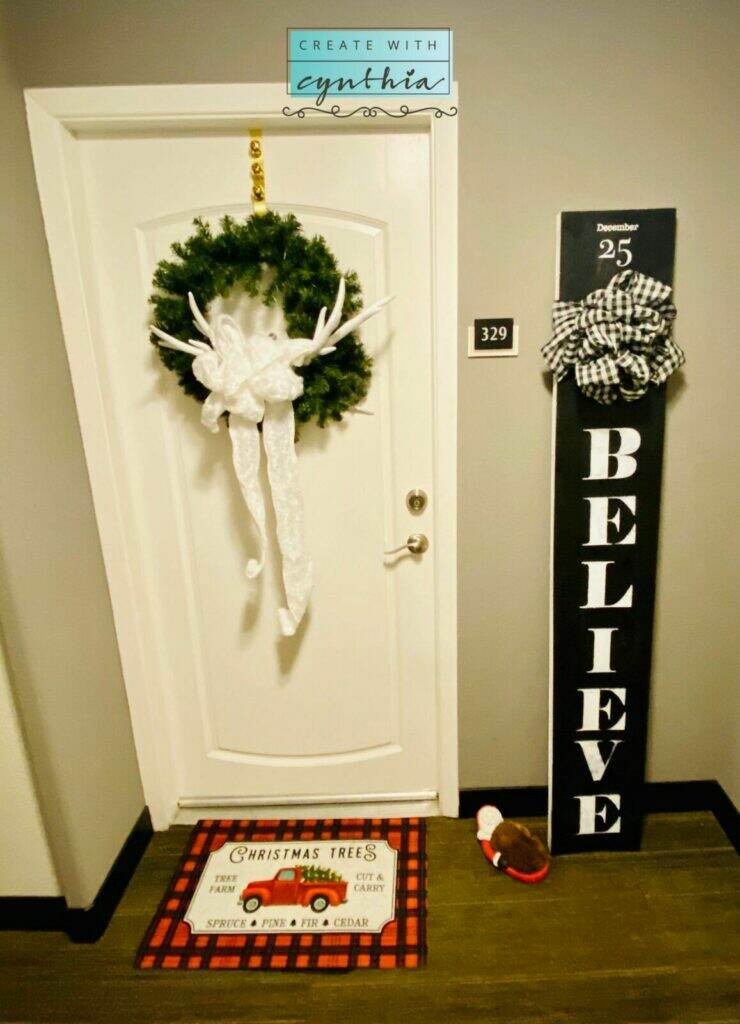 diy paint, debi's design diary, create with cynthia, cynthia nessel, holiday front decor decor, front door holiday decorations, 5 things you need to decorate your front door, diy wood sign, diy holiday sign, believe, christmas decor, essential stencils, rustoleum,