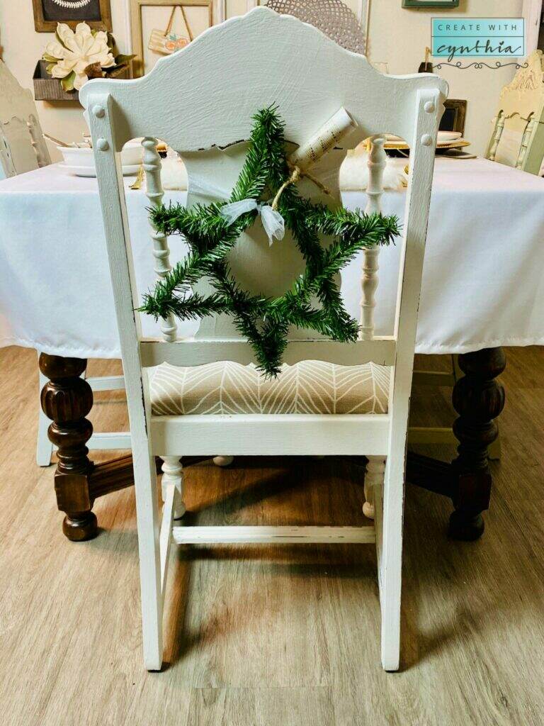 christmas greenery star, create with cynthia, cynthia nessel, christmas decor, christmas chair decor, christmas star, diy home decor, christmas