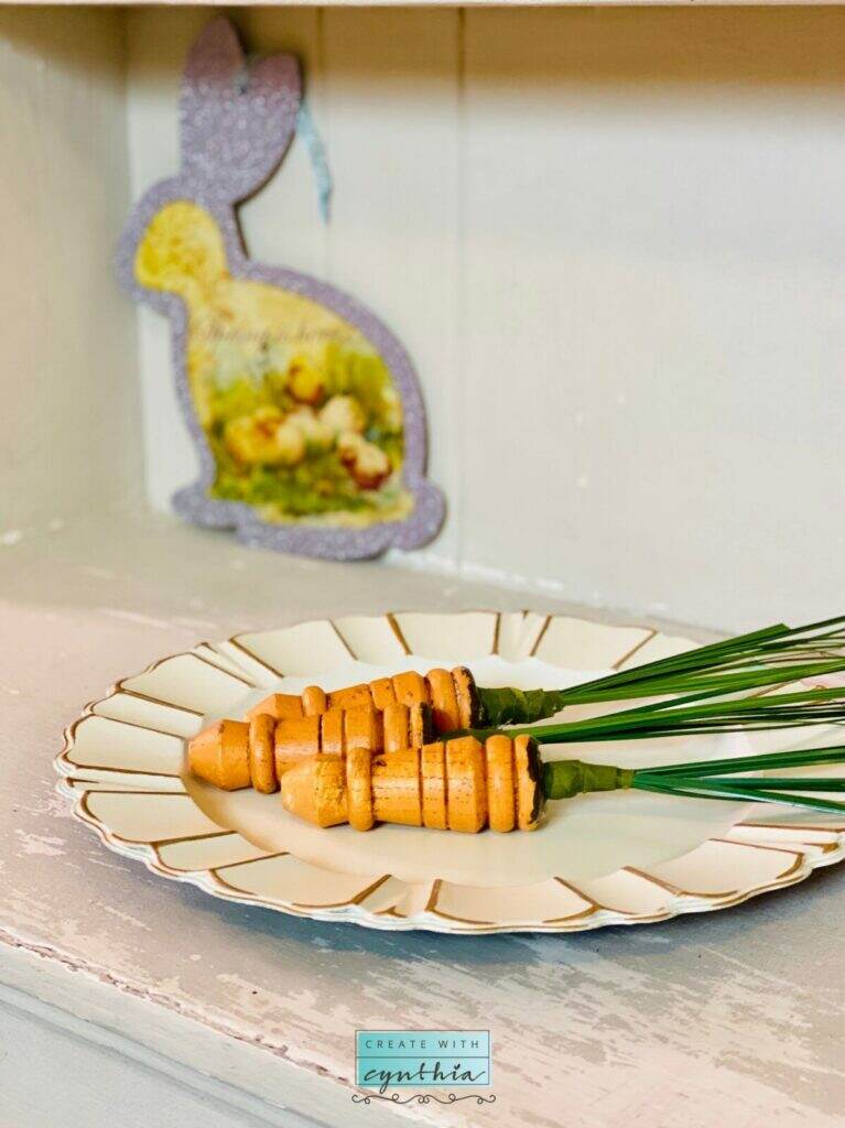 Spring Decor, spindle carrots, carrot spindles, pinterest challenge, diy paint, clay paint, debi’s design diary diy paint, easter carrots, diy carrots, wood carrots, carrot decor, diy home decor, vintage decor, create with cynthia, cynthia nessel, vintage,