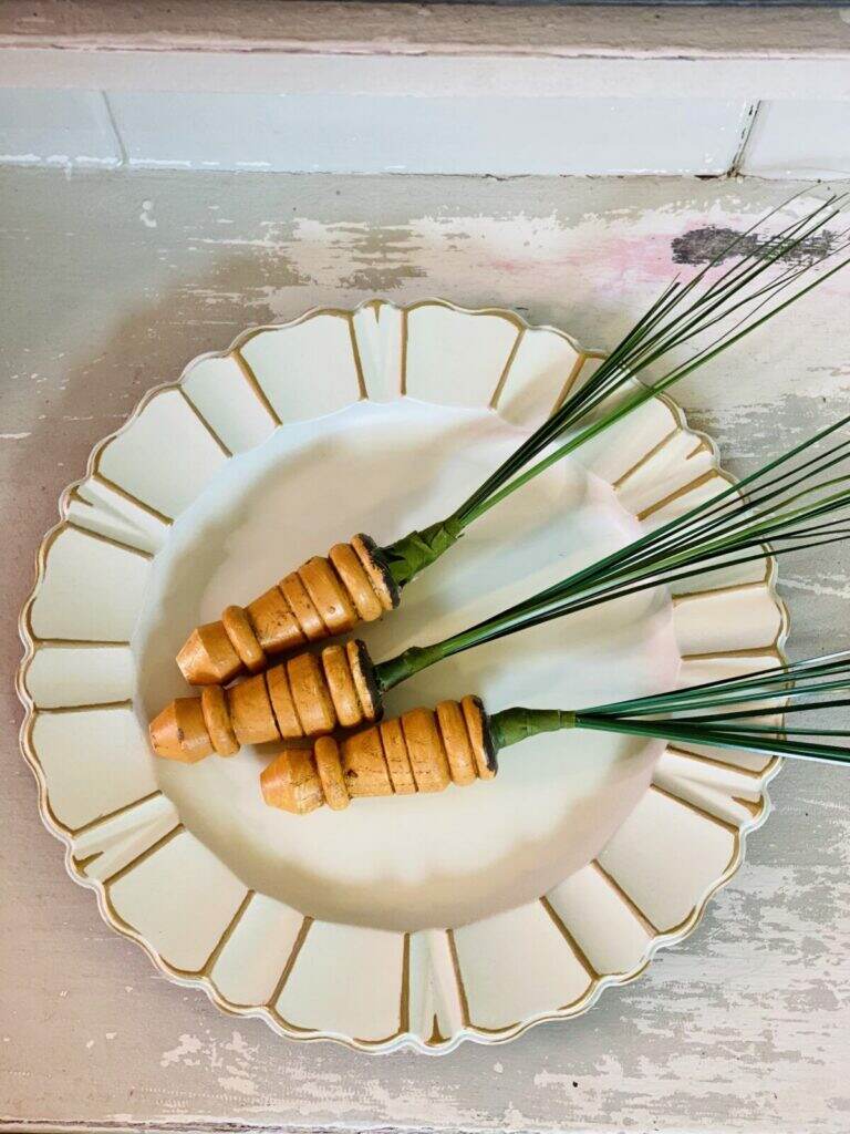 Spring Decor, spindle carrots, carrot spindles, pinterest challenge, diy paint, clay paint, debi’s design diary diy paint, easter carrots, diy carrots, wood carrots, carrot decor, diy home decor, vintage decor, create with cynthia, cynthia nessel, vintage,