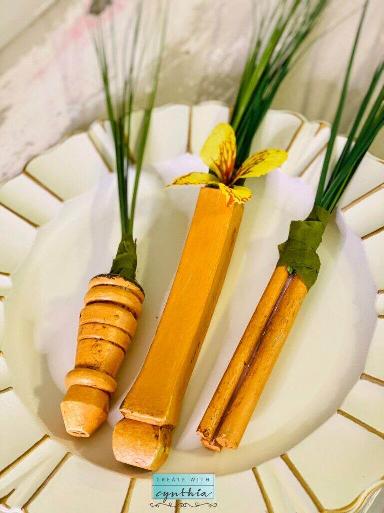 Spring Decor, spindle carrots, carrot spindles, pinterest challenge, diy paint, clay paint, debi’s design diary diy paint, easter carrots, diy carrots, wood carrots, carrot decor, diy home decor, vintage decor, create with cynthia, cynthia nessel, vintage,