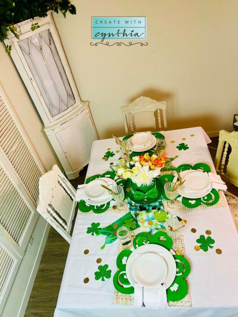 Dollarstore, dollarstorestpatricksday, stpatricksday, tablesetting, tabledecor, createwithcynthia, cynthianessel, diyhomedecor, homedecor, vintagefurnituremakeover