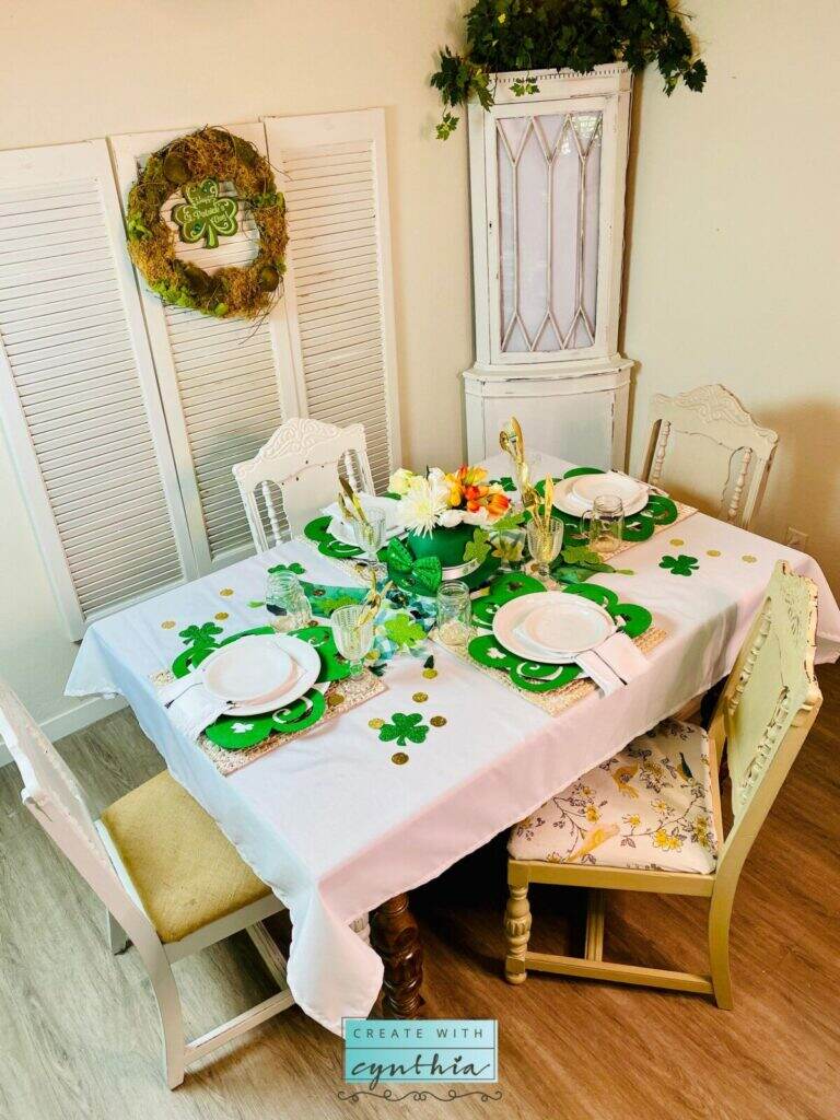 Dollarstore, dollarstorestpatricksday, stpatricksday, tablesetting, tabledecor, createwithcynthia, cynthianessel, diyhomedecor, homedecor, vintagefurnituremakeover