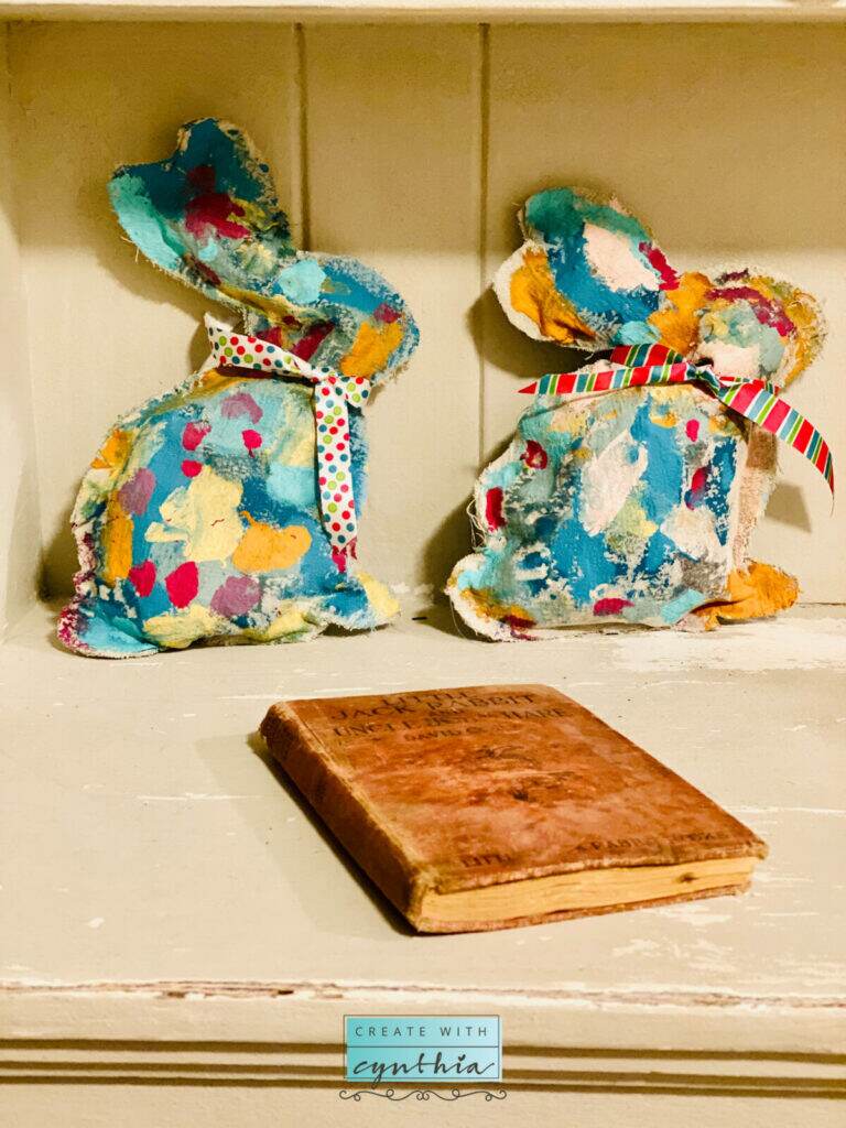 painted drop cloth bunnies, Spring pinterest challenge, drop cloth bunnies, debi’s design diary diy paint, diy paint, clay paint, chalk paint, drop cloth projects, spring decor, spring bunnies, create with cynthia, cynthia nessel,