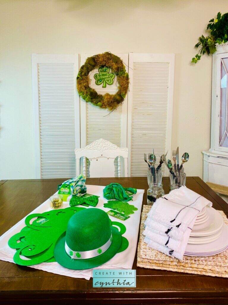 Dollarstore, dollarstorestpatricksday, stpatricksday, tablesetting, tabledecor, createwithcynthia, cynthianessel, diyhomedecor, homedecor, vintagefurnituremakeover