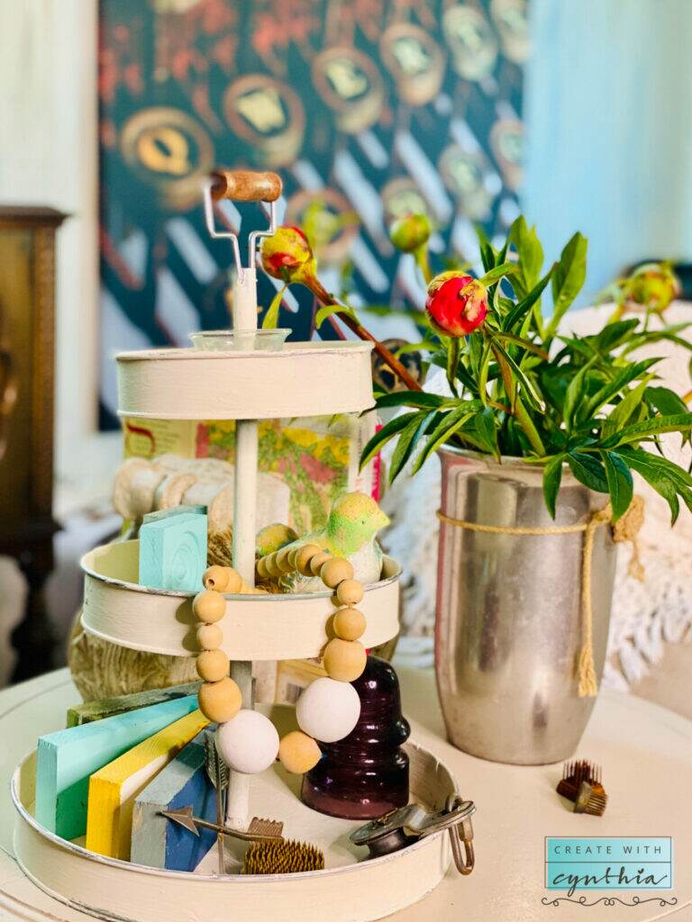 Decorated tiered tray on the coffee table on the Weekly Round Up.