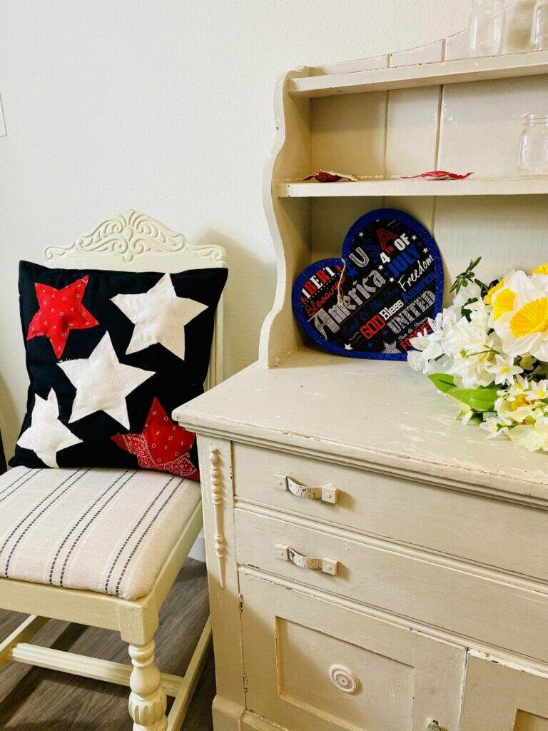 Styling a bookcase with Patriotic Decor.