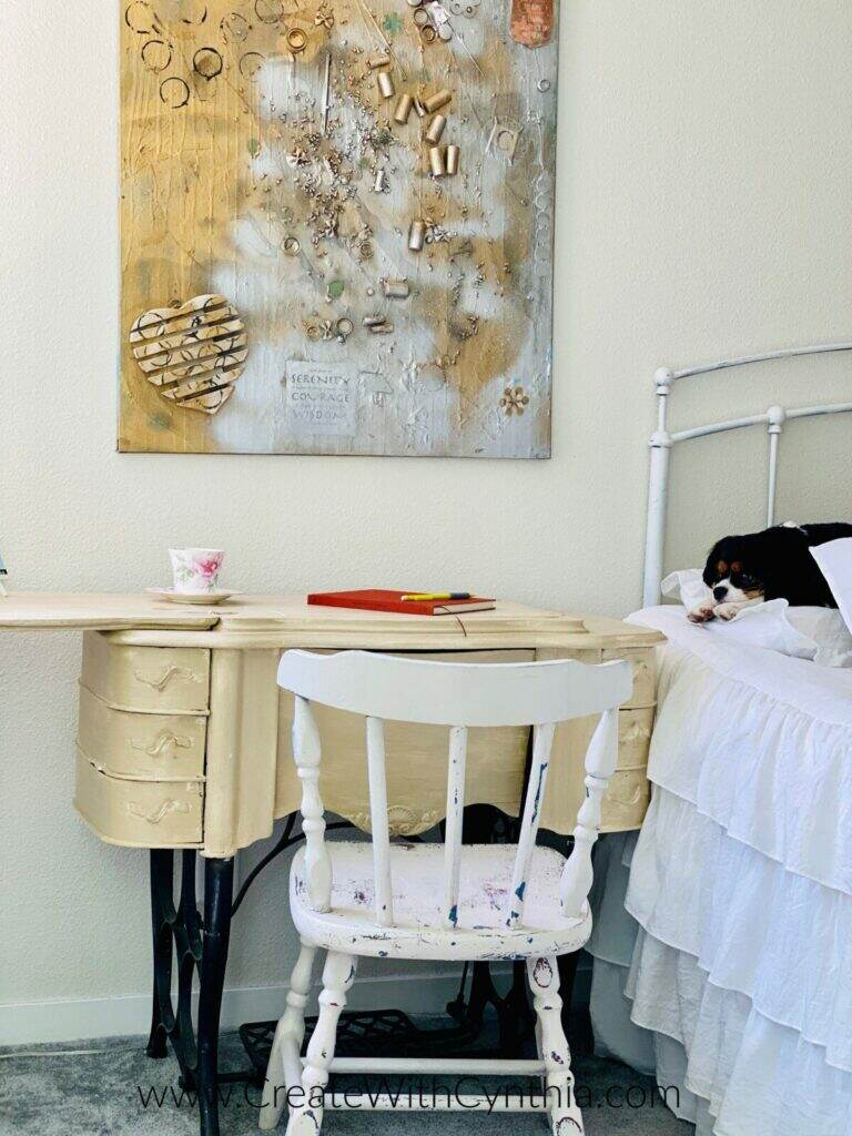 The Traveling Teacup on the Sewing Cabinet Desk.